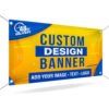 A vibrant custom banner featuring a modern design with bold colors and typography, displayed in an outdoor setting.