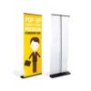 A sleek banner stand holding a custom-designed banner with vibrant colors and clear typography, positioned in an indoor setting.