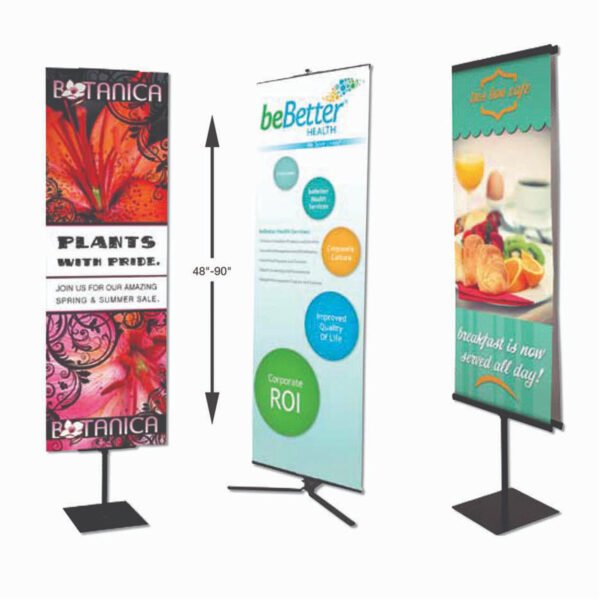 A sleek banner stand holding a custom-designed banner with vibrant colors and clear typography, positioned in an indoor setting.